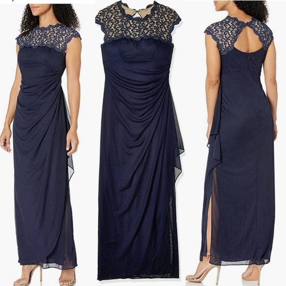 ALEX EVENINGS WOMEN'S METALLIC CUTOUT LACE DRESS NAVY GOLD METALLIC SZ 6… - Picture 2 of 13